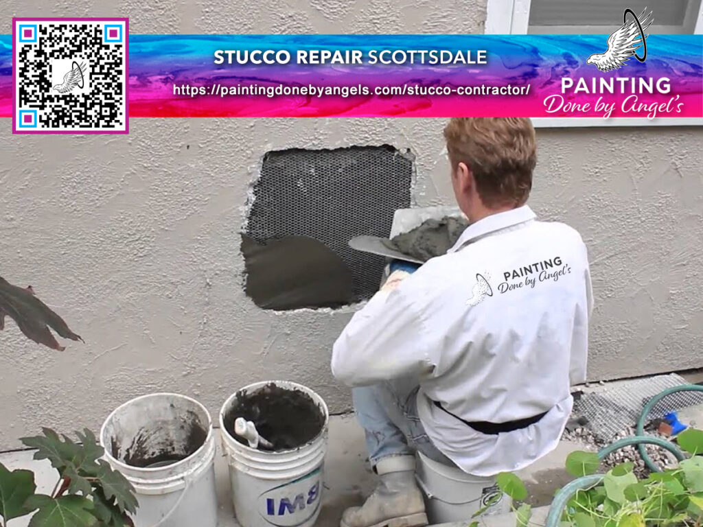 A professional from a Painting Company at work repairing stucco on a wall, with details of the service provider displayed on an accompanying graphic overlay.