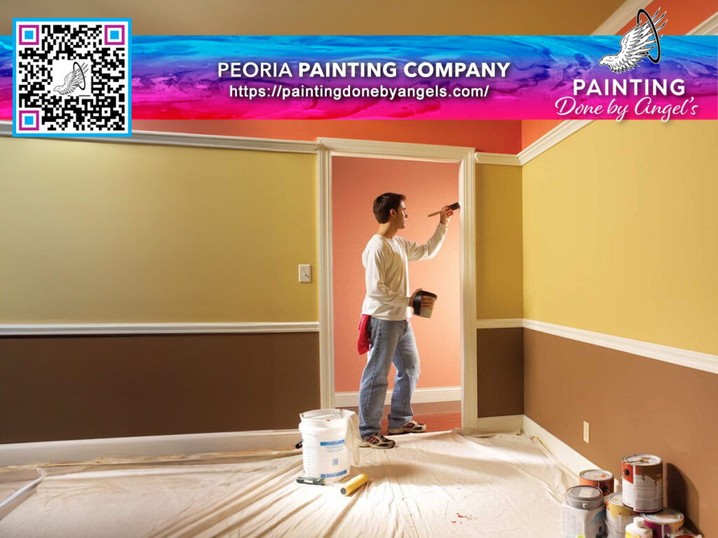 A person applying a fresh coat of paint to a room with the walls partially painted in bright colors, featuring an advertisement for Peoria painting and stucco repair company with a QR code and website link