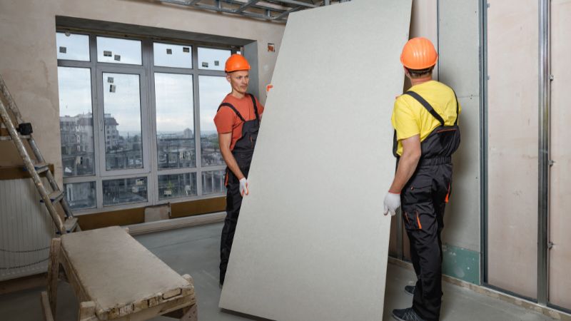 Two construction workers carrying a large sheet of drywall in a room under renovation with city buildings visible through the windows in the background. Drywall repair is underway, prepping for interior painting.