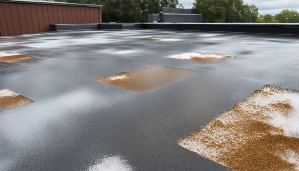 A flat rooftop is shown with patches of what appears to be snow or frost. Some areas have golden-colored sections, creating a contrasting pattern akin to a DEl-2 survey screen. The background features green trees and parts of surrounding buildings. The sky is cloudy.