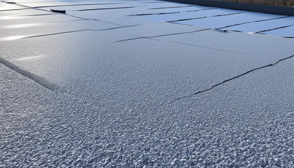 A rooftop covered in a light layer of frost, creating a textured, white surface. The frost highlights the lines and borders of the roofing material, with some areas appearing slightly darker where the frost has melted. Such conditions can affect flat roof coating duration. The sky is clear and bright, indicating a chilly but sunny day.