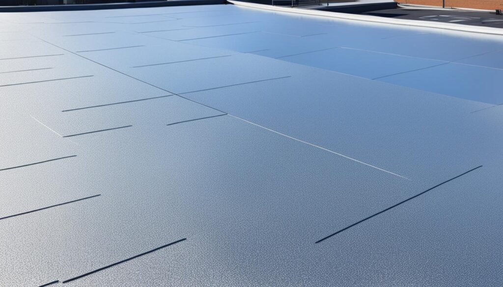 A flat rooftop is covered with a sleek, reflective material, showcasing the benefits of a high-quality flat roof coating. The surface appears seamless with subtle lines and a light speckled texture. In the background, parts of an adjacent building and a clear sky add to the clean aesthetic.