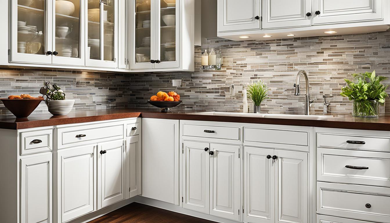 A modern kitchen with newly painted white cabinets, glass cupboard doors, and a mosaic tile backsplash. There is a stainless steel sink, a wooden countertop, and bowls of fruit on the counter. Potted plants add a touch of greenery to the space.