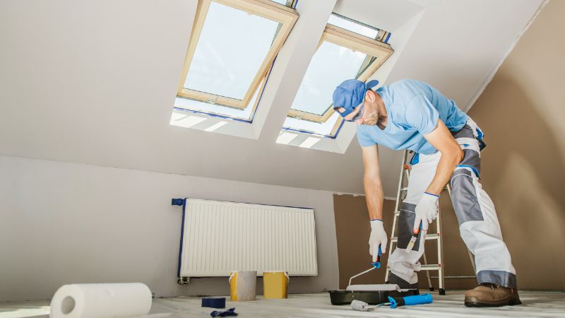 A professional painter in work attire using a roller to apply paint on an interior wall, underneath two skylights in a well-lit room, also skilled in drywall repair.