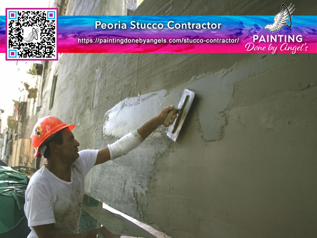 A construction worker smoothly applying stucco to a wall while wearing a safety helmet, specializing in exterior painting.