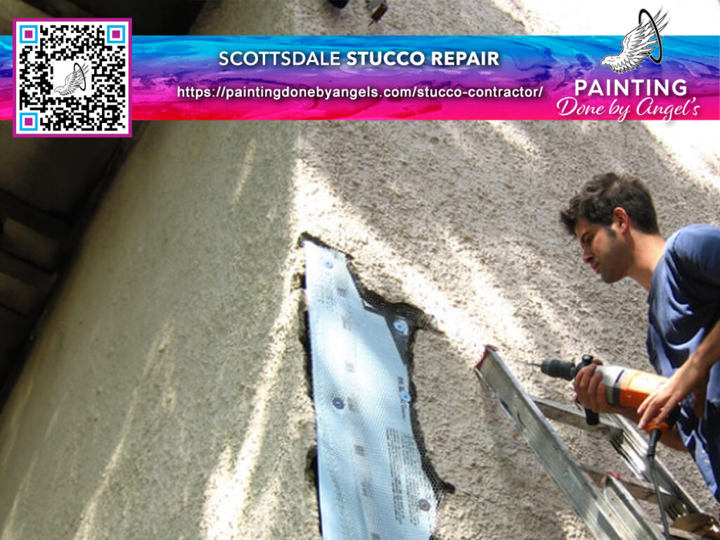 Professional stucco repair and exterior painting in progress by a skilled worker using specialized tools, brought to you by Scottsdale Stucco Repair - painting done by Angel's Painting Company.