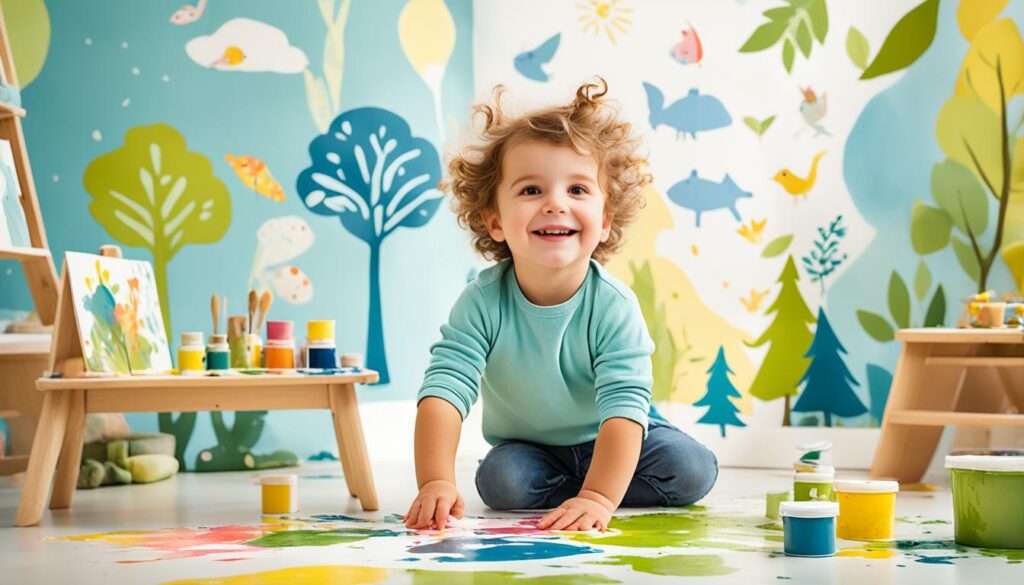 A joyful young child with curly hair, wearing a light blue shirt, sits on the floor engaging in finger painting. Brightly colored paint containers and artwork surround the child. The background of this eco-friendly kids' room features a whimsical mural of trees, animals, and nature scenes.