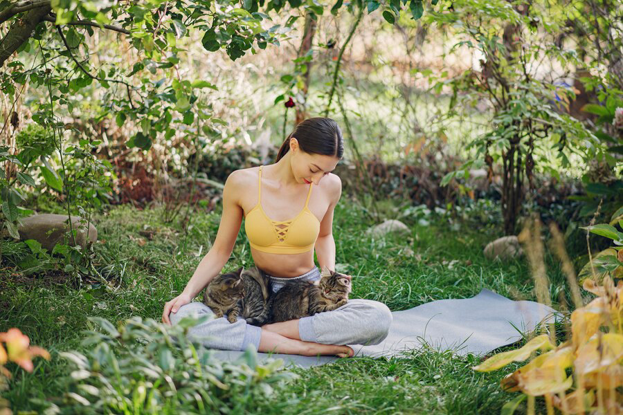 A woman in a tranquil pose, practicing yoga in a lush garden, shares a moment of serenity with a contented tabby cat on her lap, reminiscent of the peace often captured by an exterior