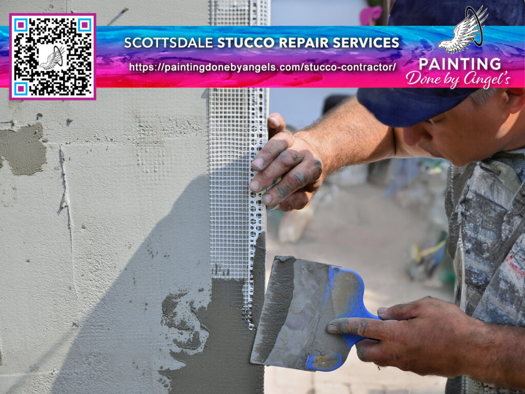 A worker applies stucco to a wall using a trowel, with a partially completed repair job evident, as part of a promotion for Painting and Stucco repair services. A QR code