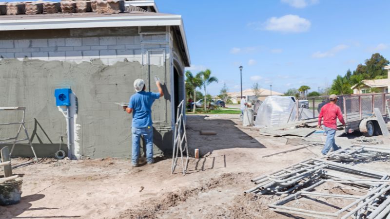 Construction workers actively engaged in the interior painting of a residential building on a sunny day.