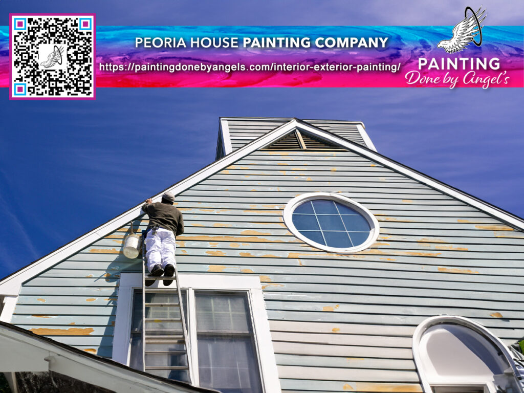 A person on a ladder undertaking exterior house painting, with the painting company's advertisement and QR code displayed in an overlay.