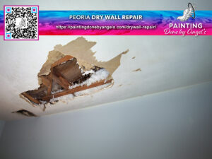 A damaged ceiling with peeling and crumbling drywall exposing the interior structure, with a promotional overlay for a drywall repair and interior painting service.