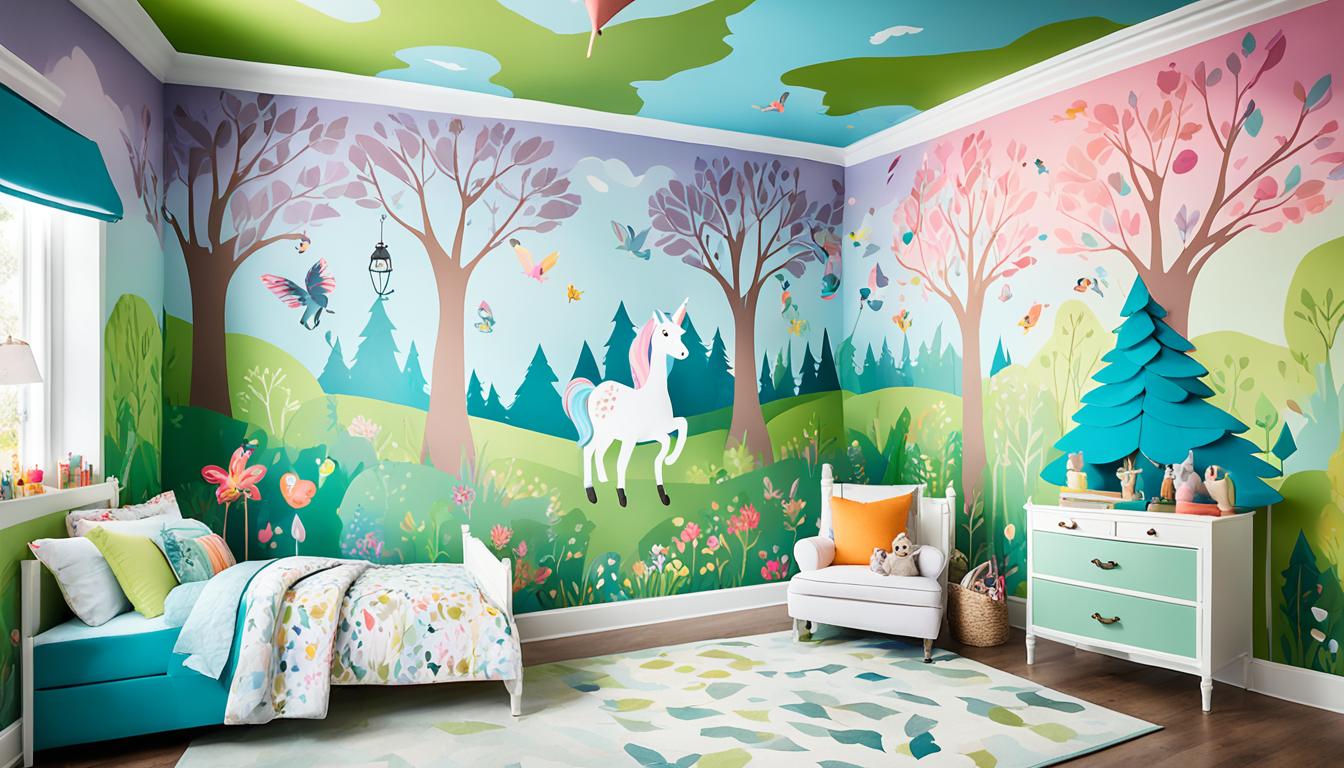 A colorful kid's room with a whimsical forest mural featuring trees, butterflies, and a white unicorn on the walls. The magical theme continues with floral bedding on the bed, a white dresser with turquoise drawers, and a cozy chair adorned with plush toys. A rug lies on the wooden floor.