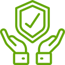 A graphic icon depicting a green shield with a checkmark over two hands, symbolizing protection, safety, or insurance in painting services.