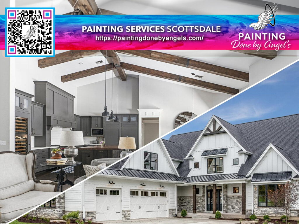 An advertisement for "painting services done by angels" featuring elegant interior views and exterior views of a home with a QR code for painting services in Scottsdale.