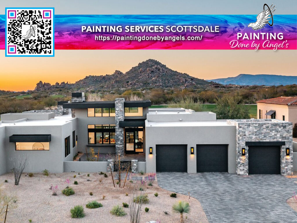 A promotional image showcasing a luxurious modern house at dusk with a mountain backdrop, highlighting "Interior Painting Services Scottsdale" by painting done by Angel's, complete with contact QR code and website link.