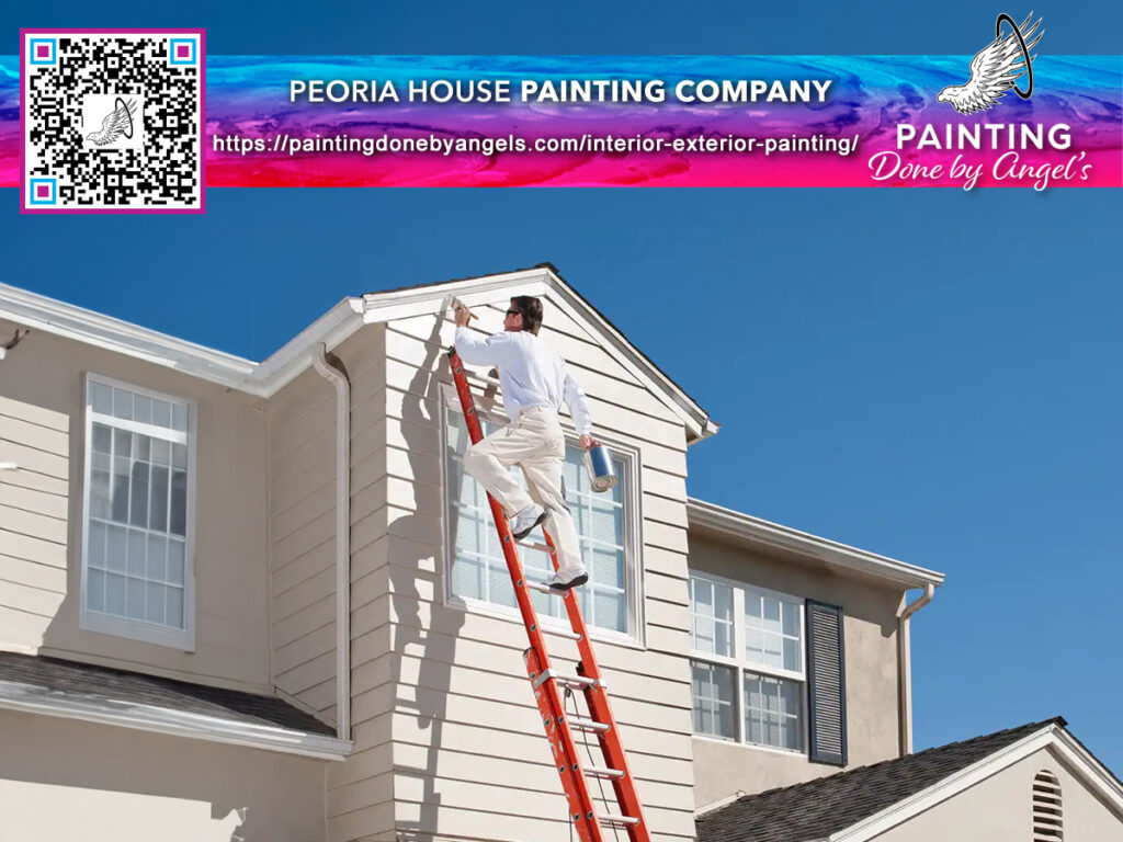 A professional painter climbing a ladder to paint the exterior of a two-story house, with an advertisement for Peoria house painting company specializing in stucco repair and its website for more information.