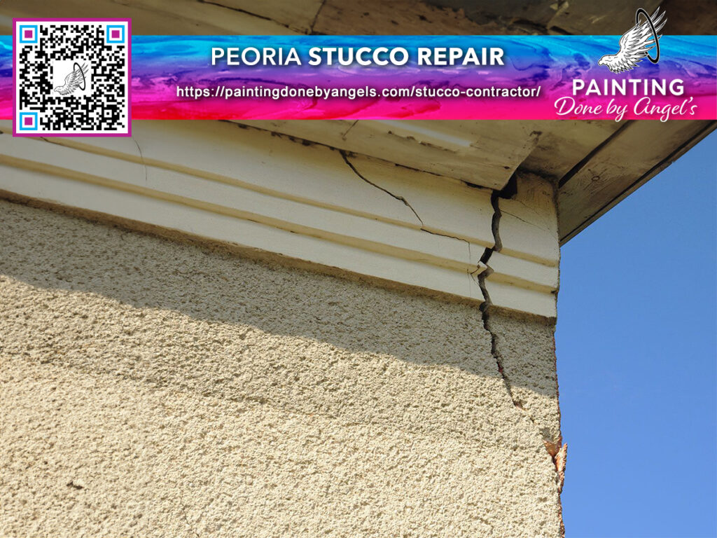 Exterior wall in need of stucco repair with visible damage and peeling layers, and an advertisement for Peoria stucco repair by painting done by a professional painting company.