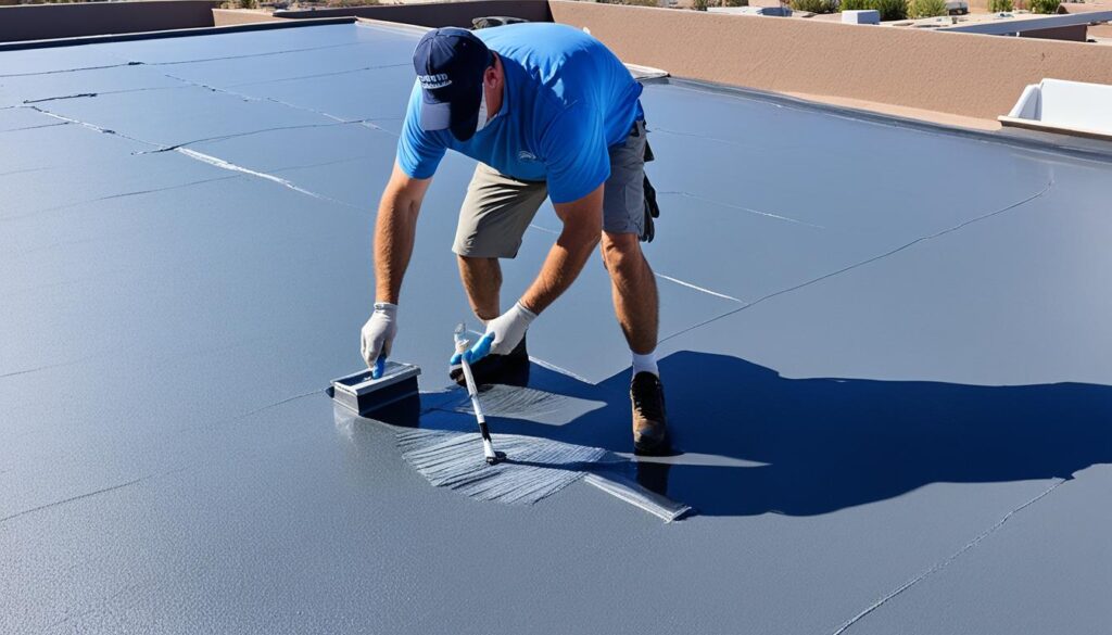 A man is applying a waterproof sealant to a flat rooftop using a paint roller in Scottsdale, AZ. He is wearing a blue shirt, gray shorts, a blue cap, white gloves, and black shoes. The smooth rooftop receives the dark gray sealant as he works on flat roof coating to repair leaks. Buildings line the background.