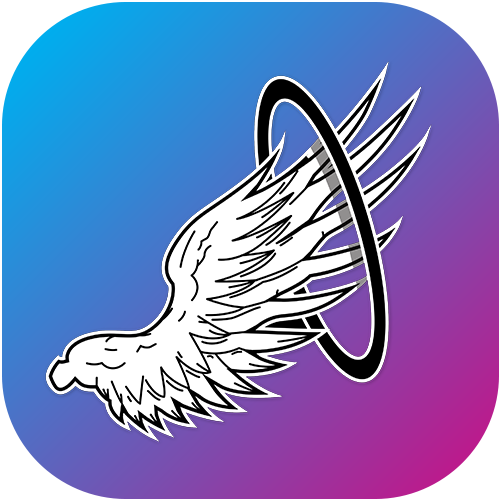 An app icon featuring a stylized white wing with motion lines through a circular ring, set against a gradient background of blue and purple hues, representing painting services.