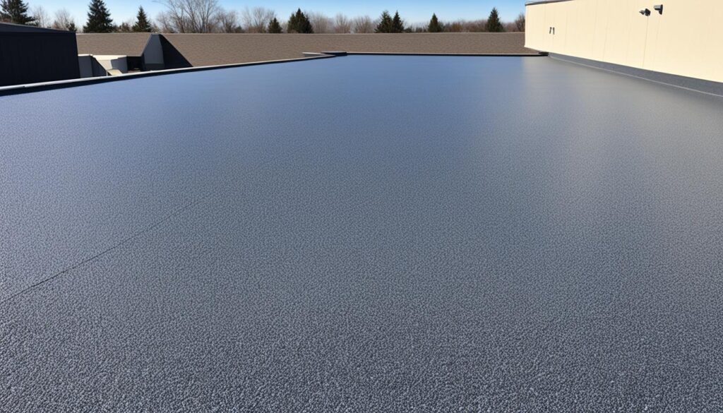 A flat, smooth rooftop covered with a light layer of grey material. The roof extends towards the horizon, with trees and other building rooftops visible in the background under a clear blue sky—showcasing the efficacy of modern flat roof coatings.