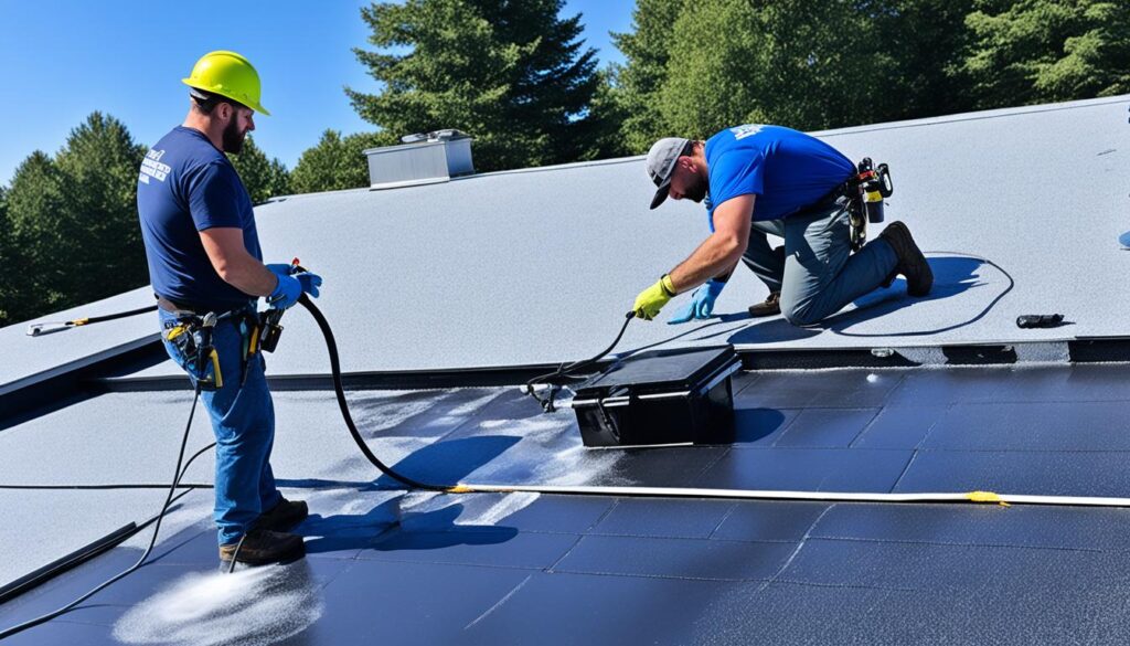 Two workers in safety gear apply special maintenance coatings to a flat roof. One uses a spray gun connected to a hose, while the other holds a tool and a case. Both wear blue shirts and safety harnesses. The sky is clear, and there are trees in the background.