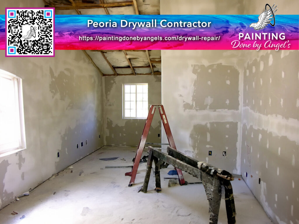 Room under renovation with drywall and stucco repairs in progress and a ladder set up, part of a professional painting and drywall service advertisement.