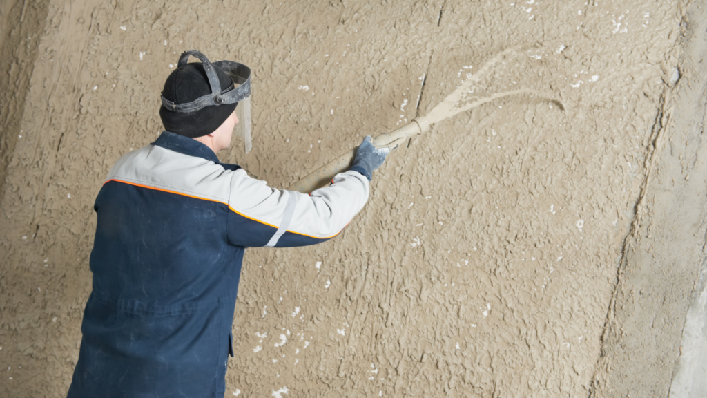 Construction worker applying spray-on insulation or texture coating to a wall for interior painting.