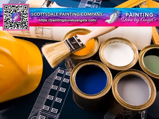 Professional painting supplies ready for a colorful project, including paintbrushes, open paint cans, and protective gear, with a business advertisement for Interior Painting Services.