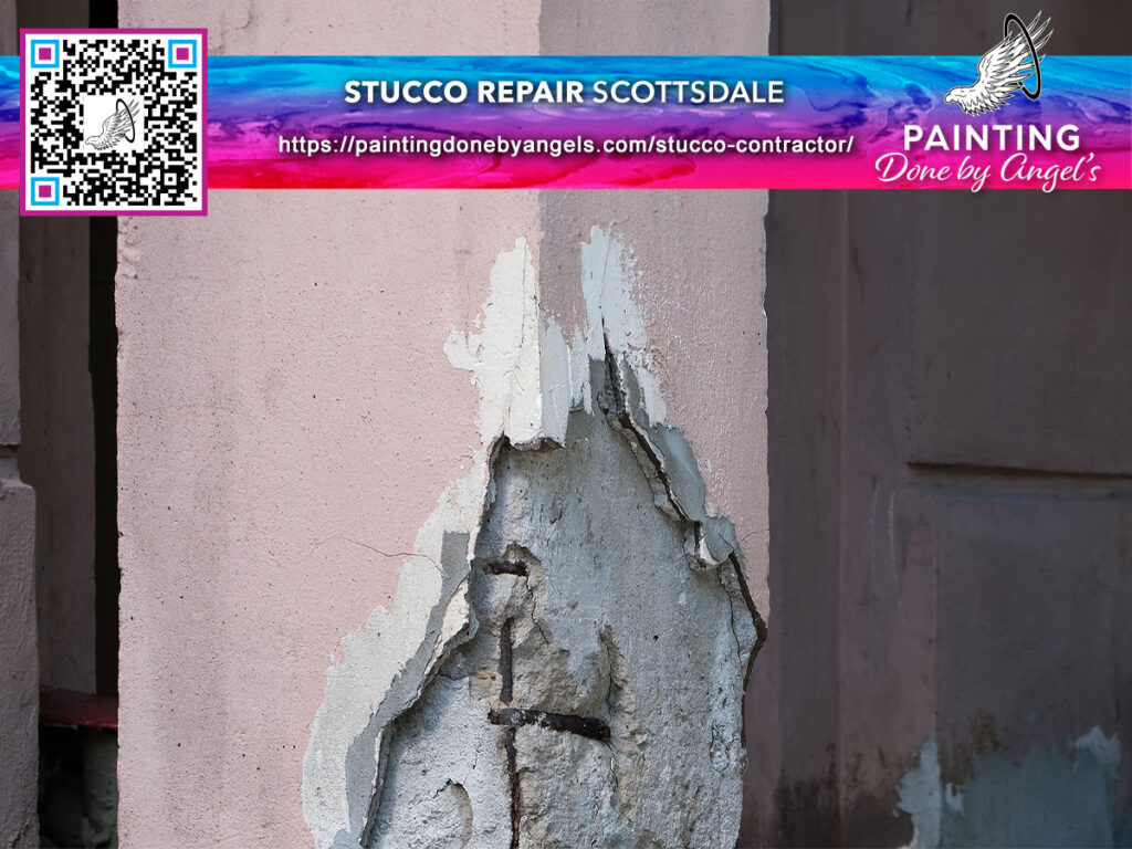 Damaged stucco wall requiring stucco repair and painting services, featuring a business advertisement for professional stucco repair and interior painting.