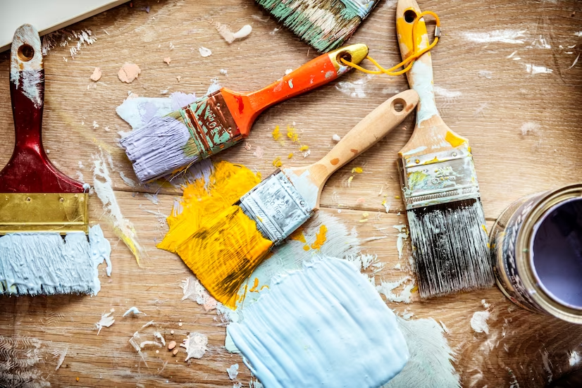 An assortment of used paintbrushes covered in colorful paints lay scattered on a wooden surface, surrounded by paint splatters and an open paint can, suggesting a busy day of painting services.