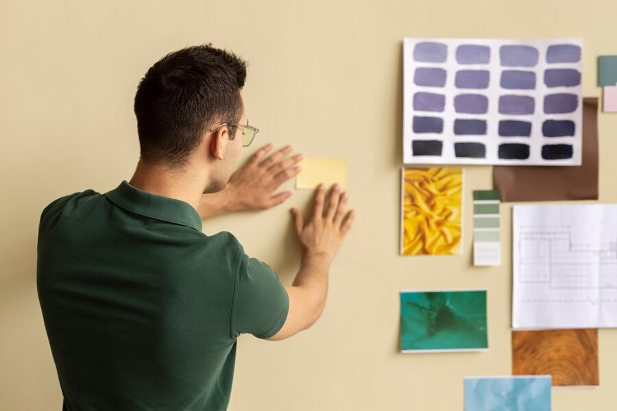 A focused man arranging and examining various materials and swatches on a wall, likely involved in a creative project or planning for exterior painting.