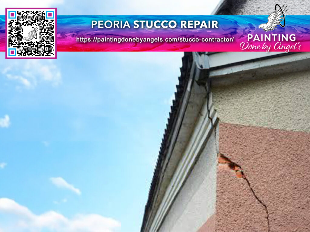 A promotional image for Peoria AZ stucco repair services, featuring a damaged stucco wall with a visible crack, and the company's contact information with a QR code and a website URL.
