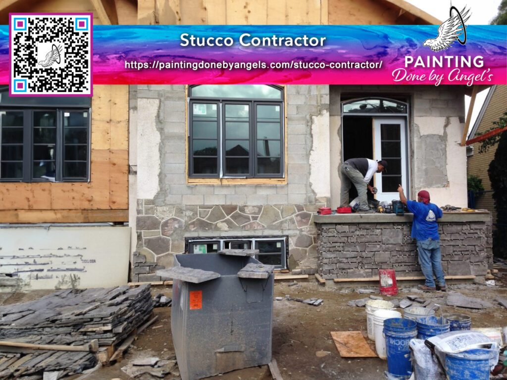Two workers applying stucco on a house exterior beside ladders and auto draft systems, with ads for "stucco contractor" and "painting done by angel's.
