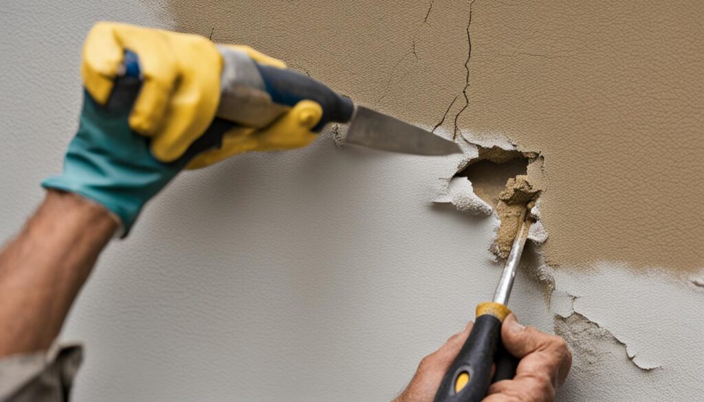 A person wearing gloves repairs a cracked stucco wall, using a chisel and a hammer to remove damaged plaster.