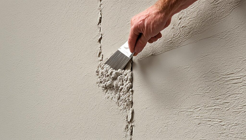 A person's hand using a putty knife to apply textured patching compound for stucco repair to a large vertical crack on an external stucco wall.