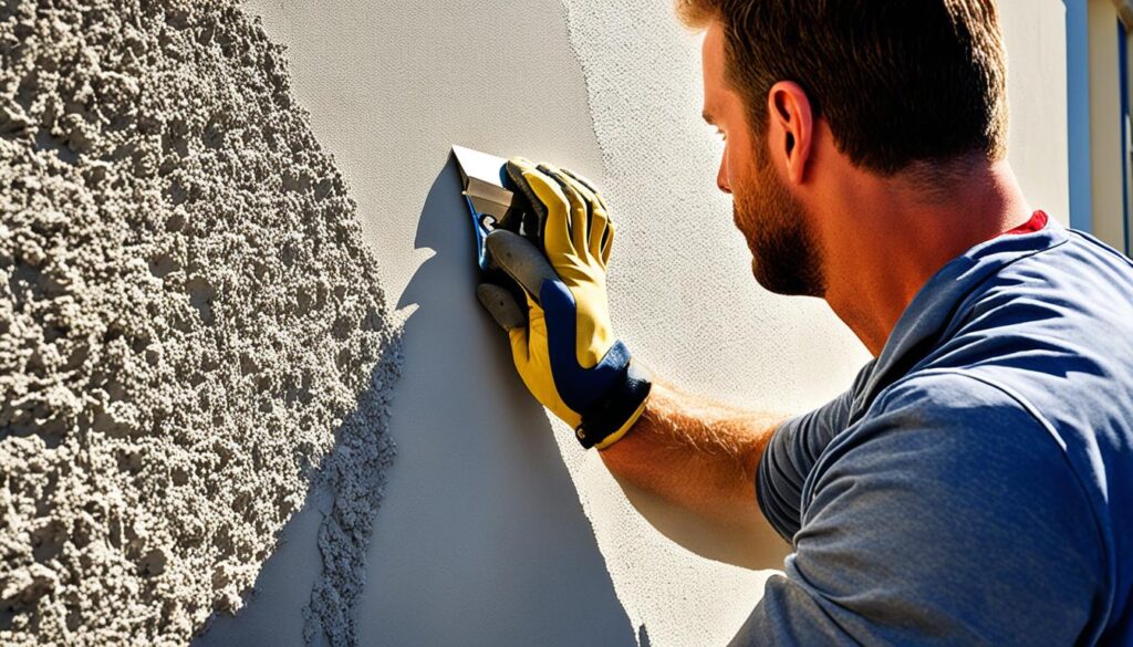 A construction worker, wearing gloves and a blue shirt, is performing stucco wall repair on an exterior wall with a trowel on a sunny day.