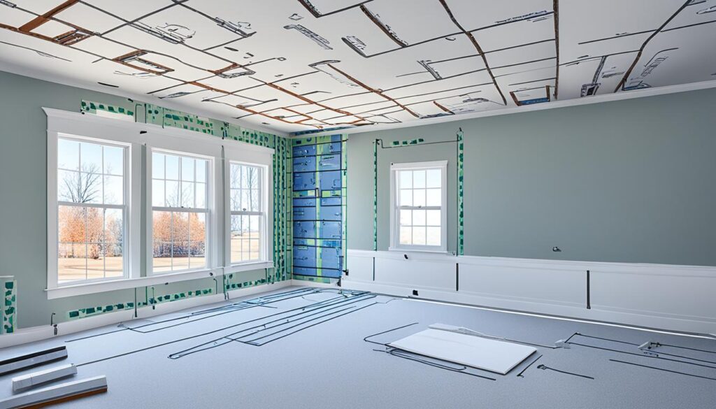 A room under construction with exposed ceiling plans and wiring, two windows looking out to a snowy landscape, and blue duct tape marking on walls for drywall installation.