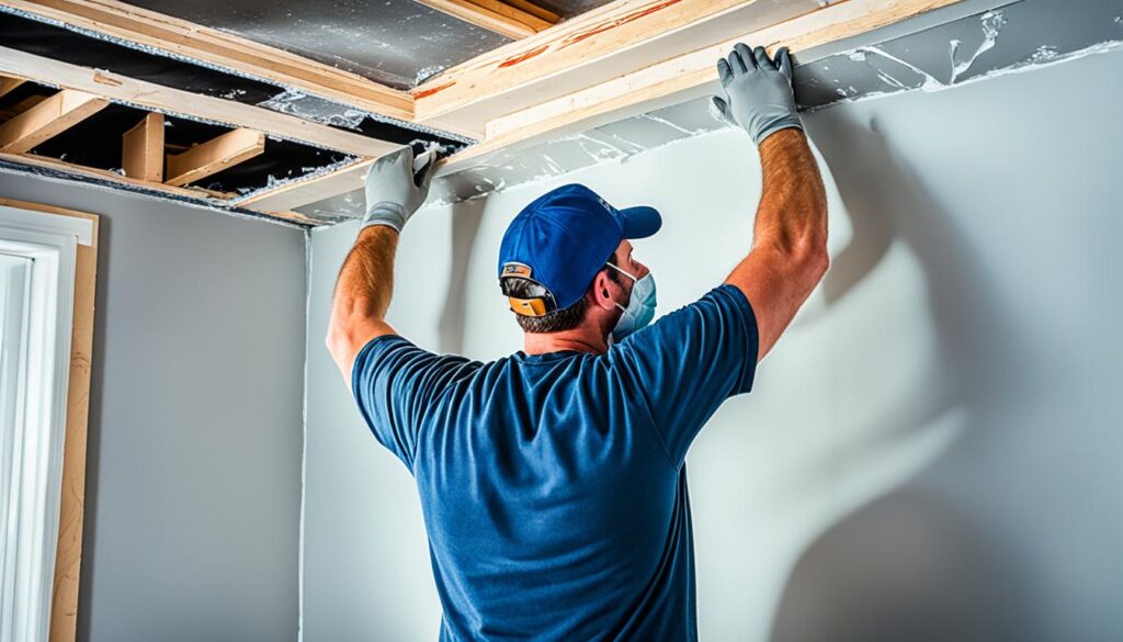 A man in a blue cap and gray shirt installs soundproofing drywall on a ceiling, looking up as he works. He is wearing safety glasses and is surrounded by exposed beams and construction materials.