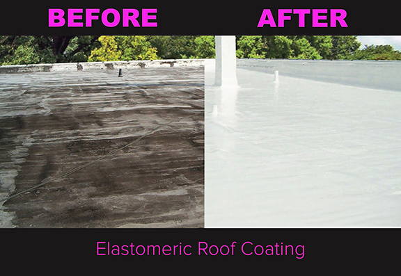 A roof is shown in two parts side by side. The left side labeled "Before" is dark and weathered. The right side labeled "After" is bright and clean, showing the effects of an elastomeric roof coating and block sealer. The text "Elastomeric Roof Coating" is at the bottom.