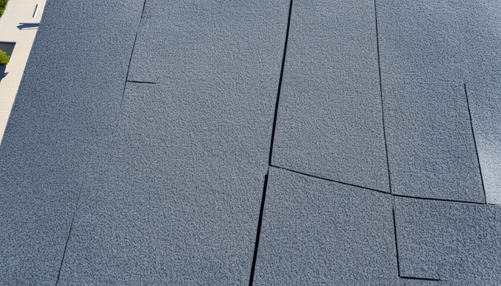 Close-up of a textured, gray roof with visible seams and panels. The surface appears to be made of a shingle or asphalt-like material, aligned in a geometric pattern with subtle variations in shade. Some panels show overlapping or slight gaps, highlighting potential damage susceptibility.