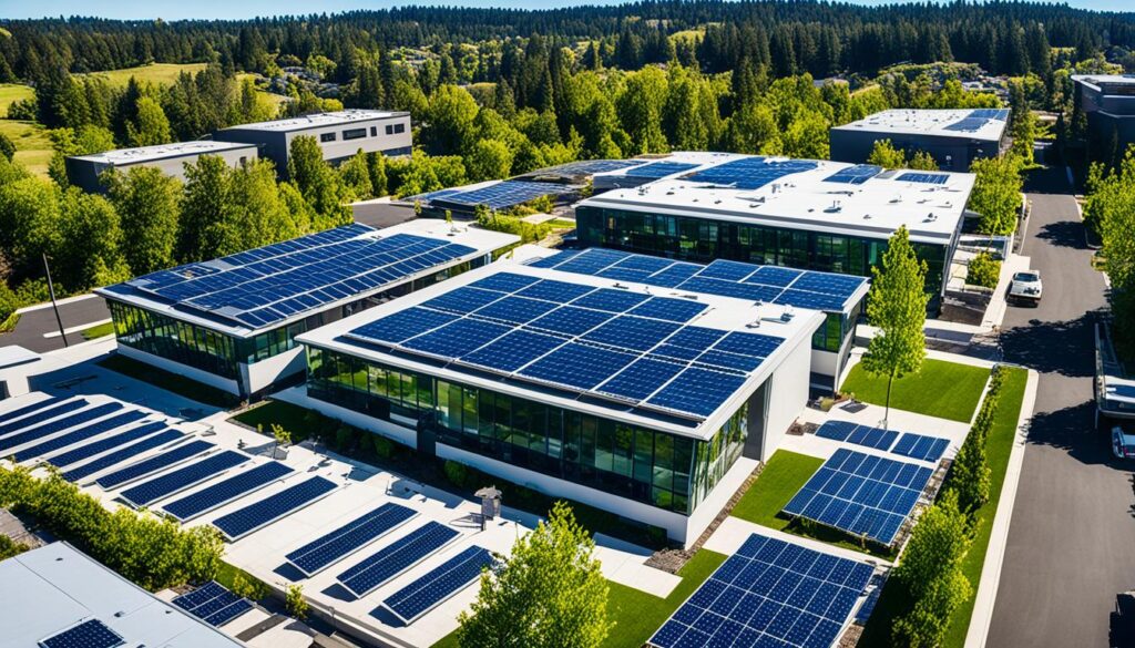 Aerial view of a modern eco-friendly office complex with numerous large buildings, each boasting solar panel installations on their flat rooftops. The surrounding landscape is lush with green trees and neatly landscaped areas, with parking lots also visible.