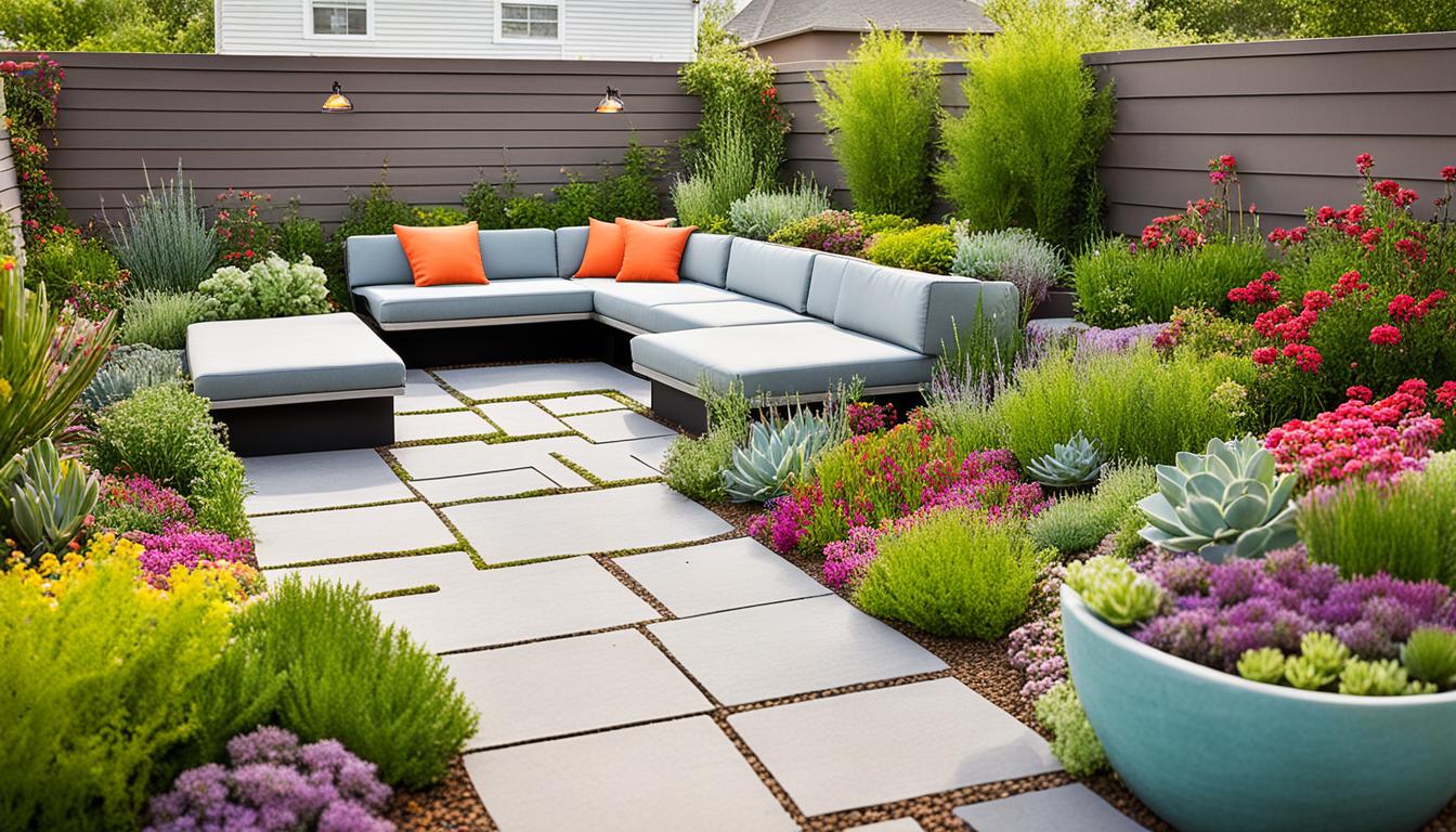 A modern, vibrant garden features a cozy outdoor seating area with light gray cushions and bright orange throw pillows. Surrounding the area are various colorful plants, succulents, and flowers, while stepping stones and a wooden fence complete the peaceful scene of this flat roof landscaping masterpiece.