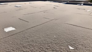 A flat roof in Scottsdale is covered in beige granulated material, presumably due to a roofing disaster, possibly from a hail storm. The harsh climate has left various patches and scattered pieces of roofing membrane visible across the surface.