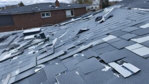 A roof with extensive storm damage, showing numerous shingles missing or broken. Neighboring roofs appear intact. The sky is cloudy, hinting at recent severe weather. The scene suggests notable roofing problems needing repairs from Roofing Solutions experts.