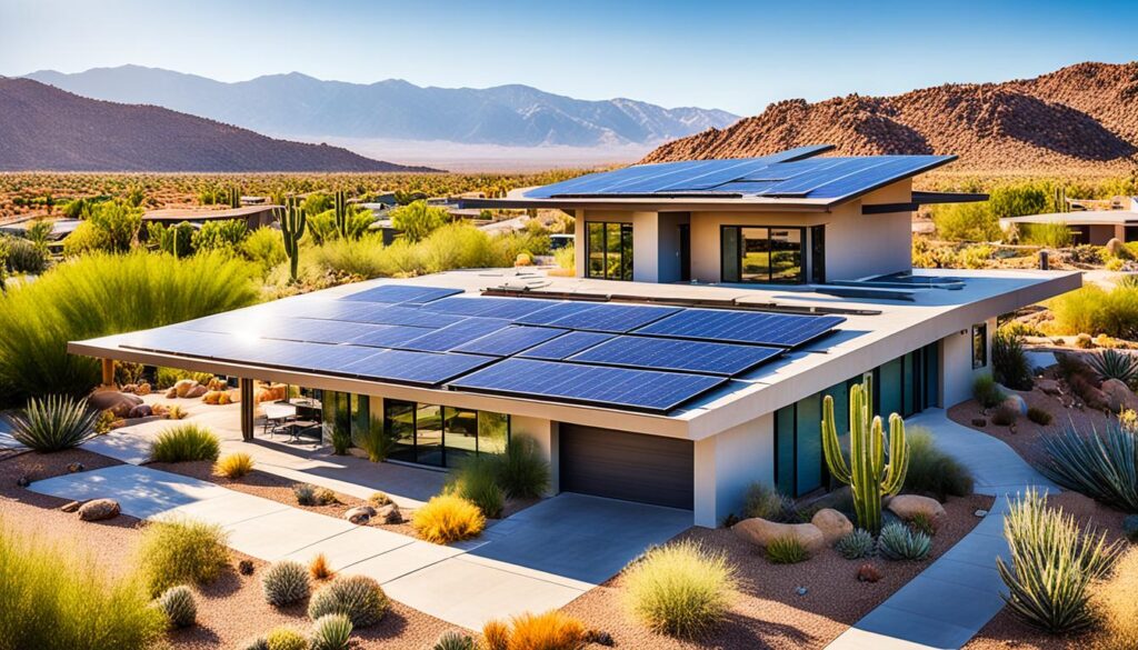 A modern desert house with large, eco-friendly solar panels on the roof, surrounded by desert landscaping with cacti and dry shrubs. The backdrop features mountains under a clear blue sky, creating a picturesque scene reminiscent of Scottsdale homes.